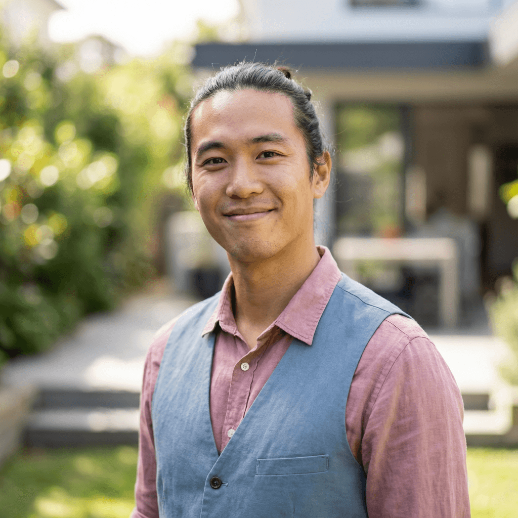 Marcus Chen, an operations manager, standing in a corporate event venue