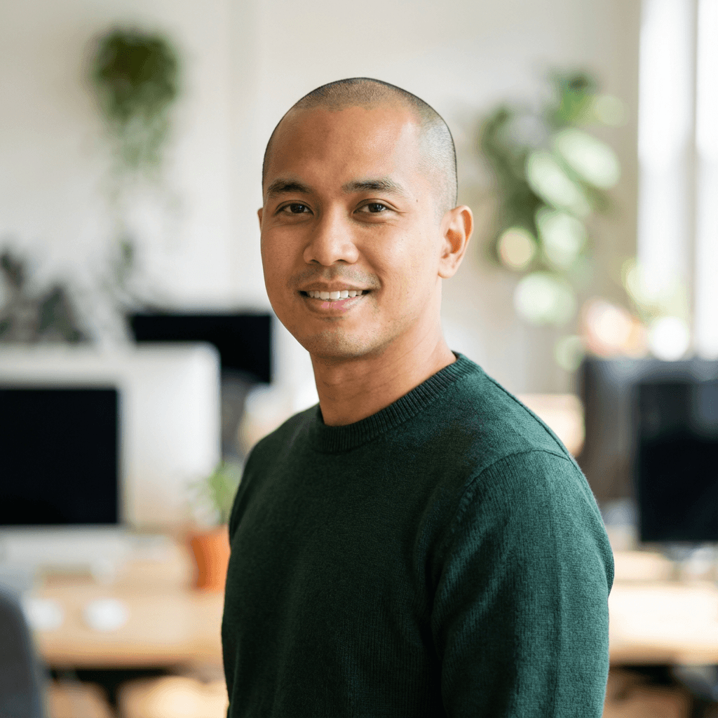 Marcus Chen in business casual attire