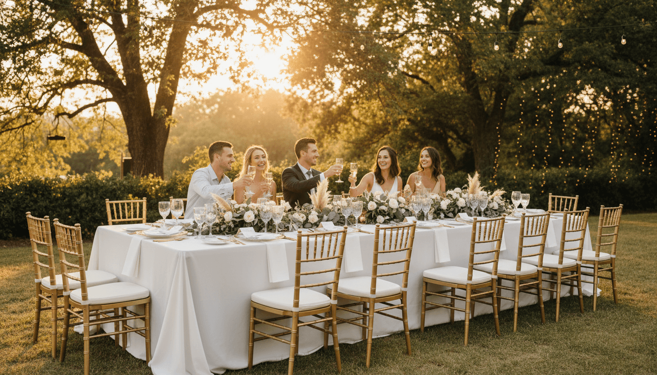 Wedding reception table set with rental linens and chairs in Toronto