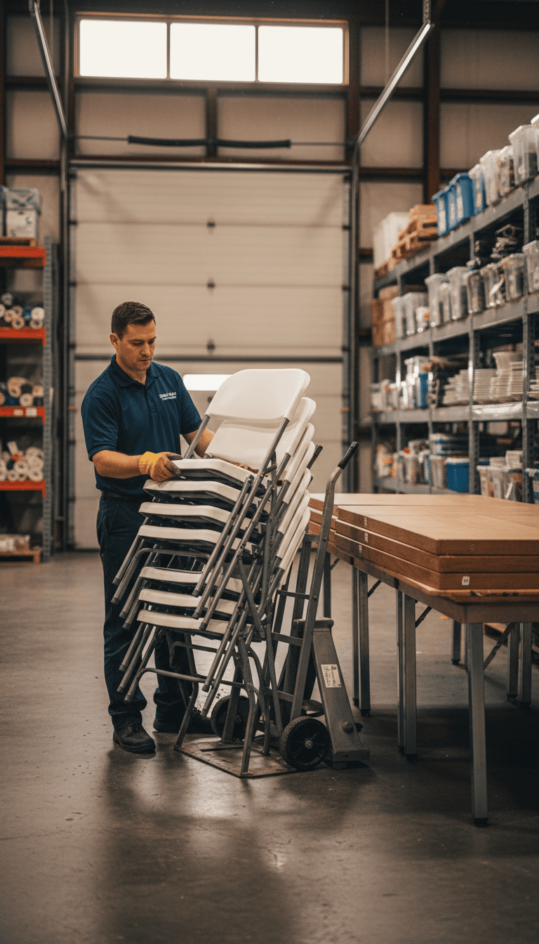 Kirsch Party Rental staff member loading neatly stacked folding chairs onto a hand truck in the warehouse