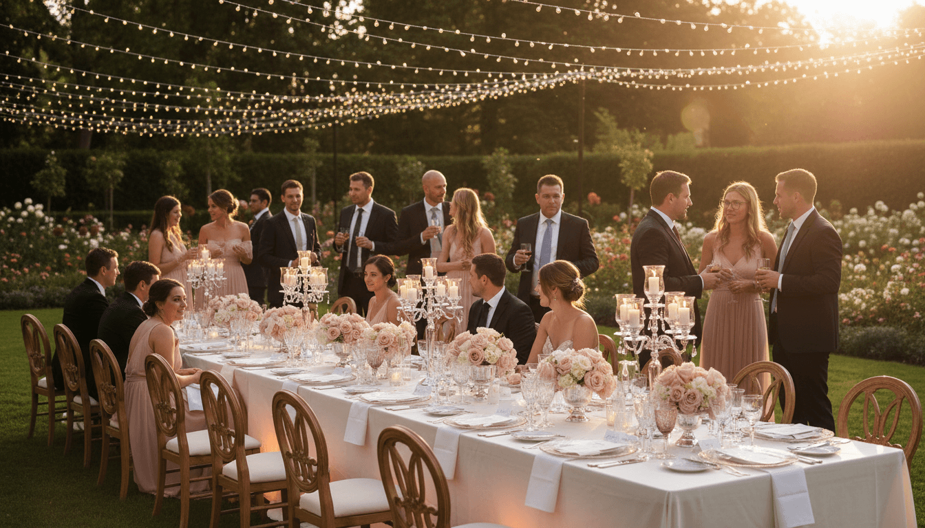 Elegant outdoor wedding reception with draped tents and round tables