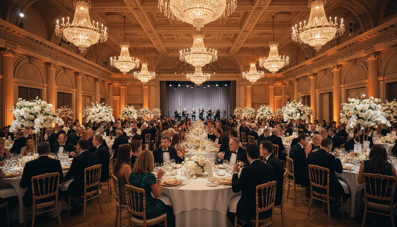 Corporate gala ballroom with tables and stage