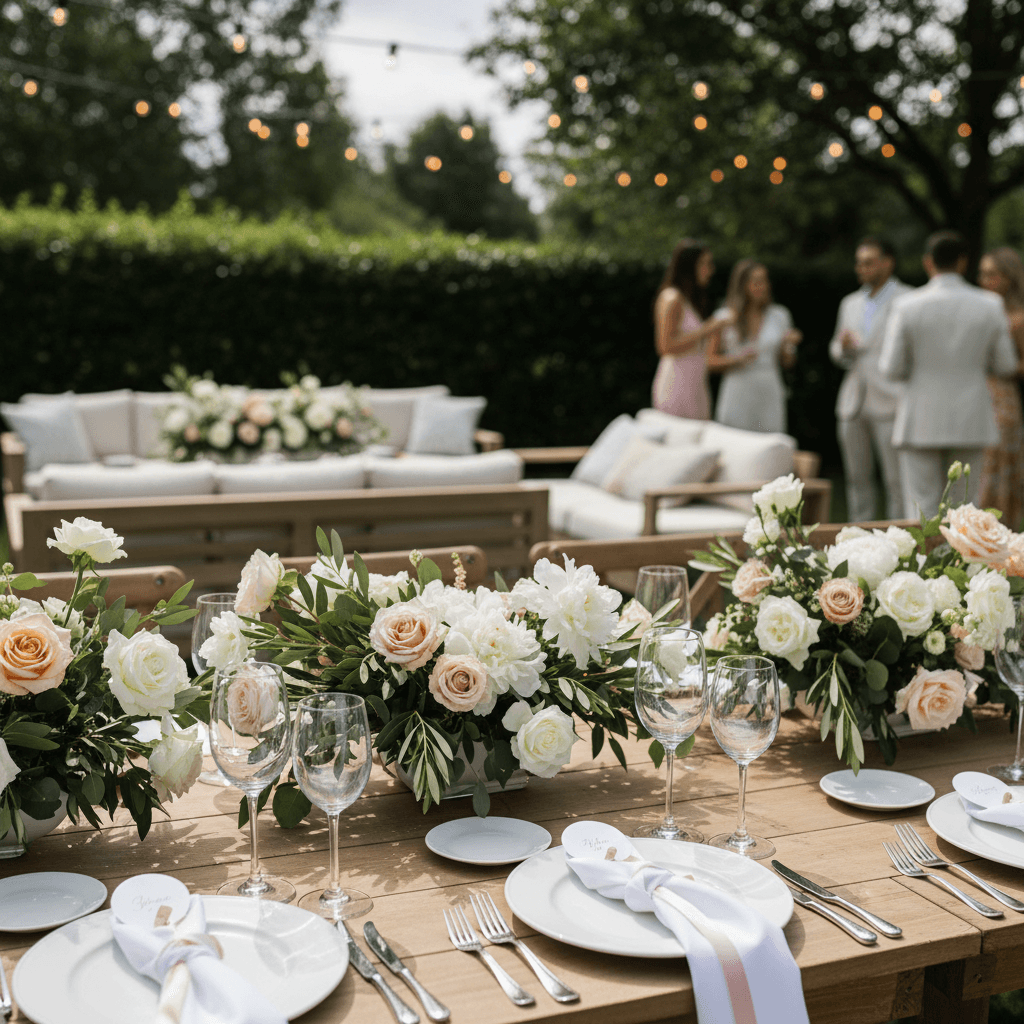 Backyard party with canopy tent and dance floor